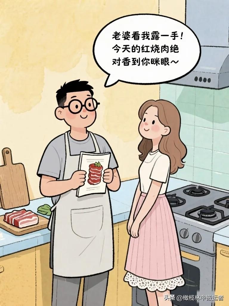 搞笑漫画：老公：“老婆，尝尝我做的红烧肉！” 老婆尝了表情凝固了三秒。 老公问：