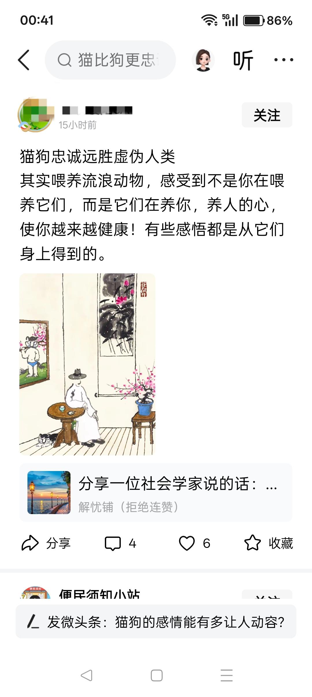 猫狗党说：“猫狗忠诚远胜虚伪人类。其实喂养流浪动物，感受到不是你在喂养它们，而是