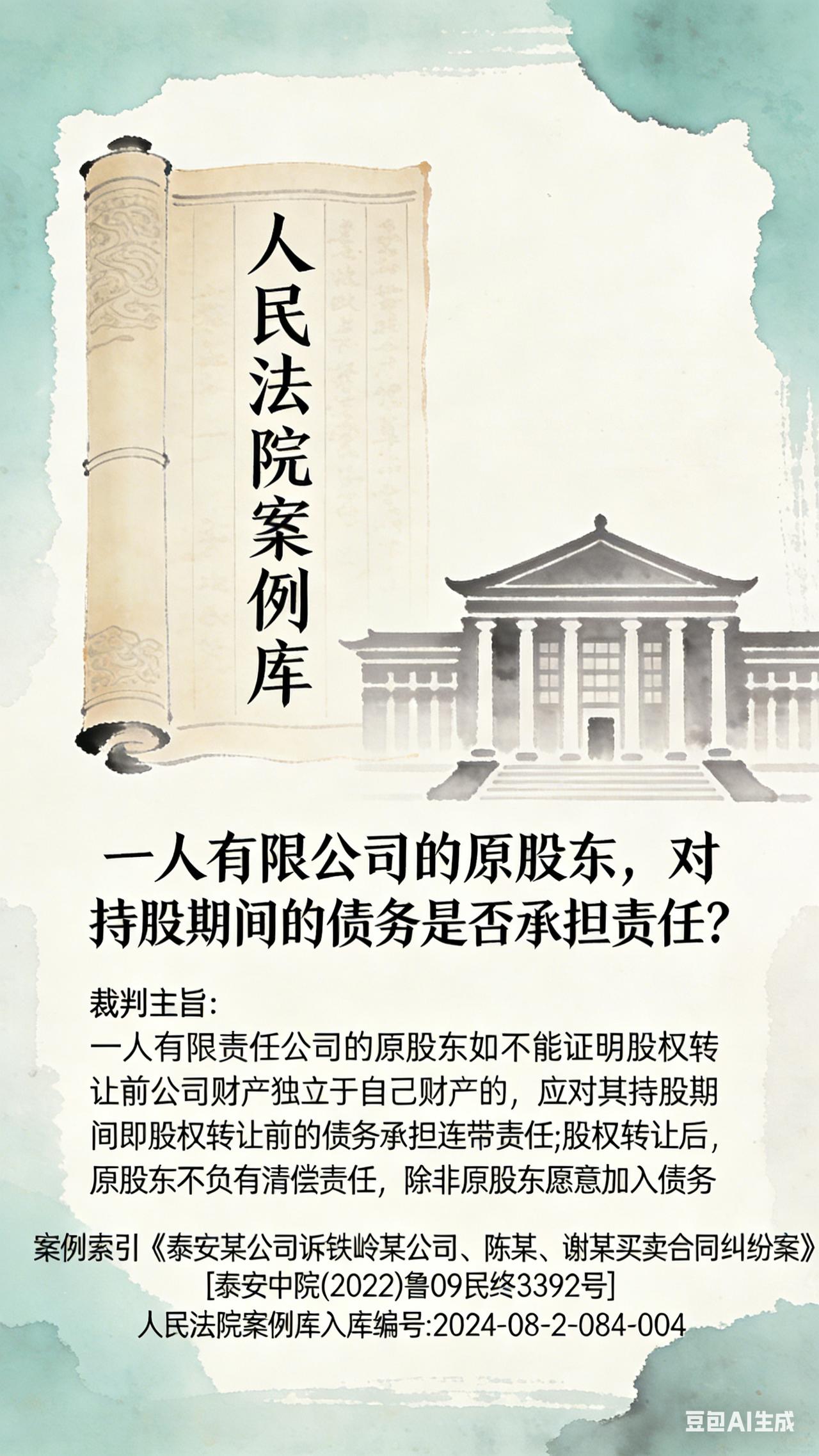 人民法院案例库
一人有限公司的原股东，对持股期间的债务是否承担责任?
裁判主旨