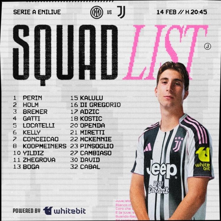 斑马军团国家德比22人大名单，K图缺阵。
Forza Juve