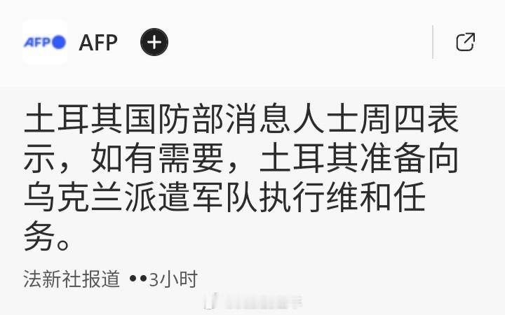 法新社：土耳其国防部消息人士周四（6日）表示，如有需要，土耳其准备向乌克兰派遣军