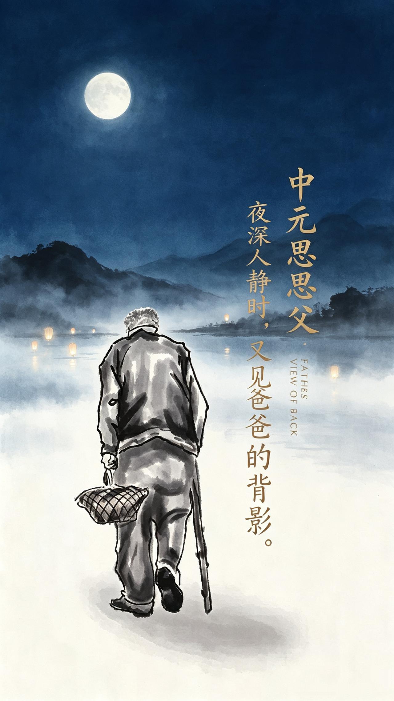 中元节 思慈父
陈德金（江西）

怅望椿庭忆故乡，浮生渐老鬓凝霜。
父承里外流年