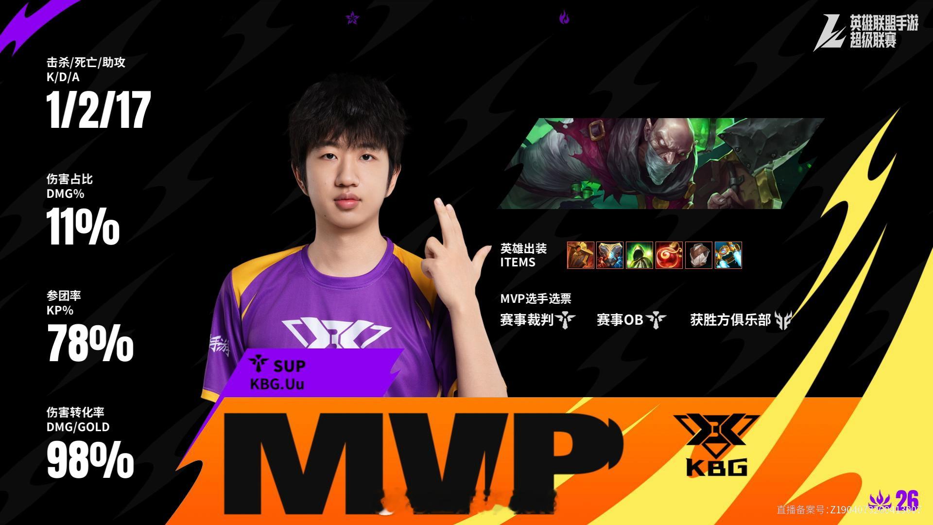 KBG对阵WHG第二场赛后数据，MVP2026WRL夏季赛英雄联盟手游赛事英雄联