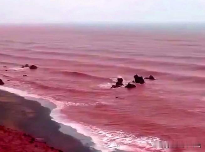 海洋被渲染成了血红色，这种超现实的场景通常会在小说或者影视作品中出现，但这魔幻的