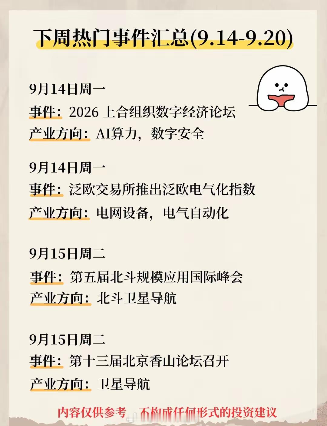 下周热门事件汇总(9.14-9.20)梳理了下周9.14到9.20的多条产业动态