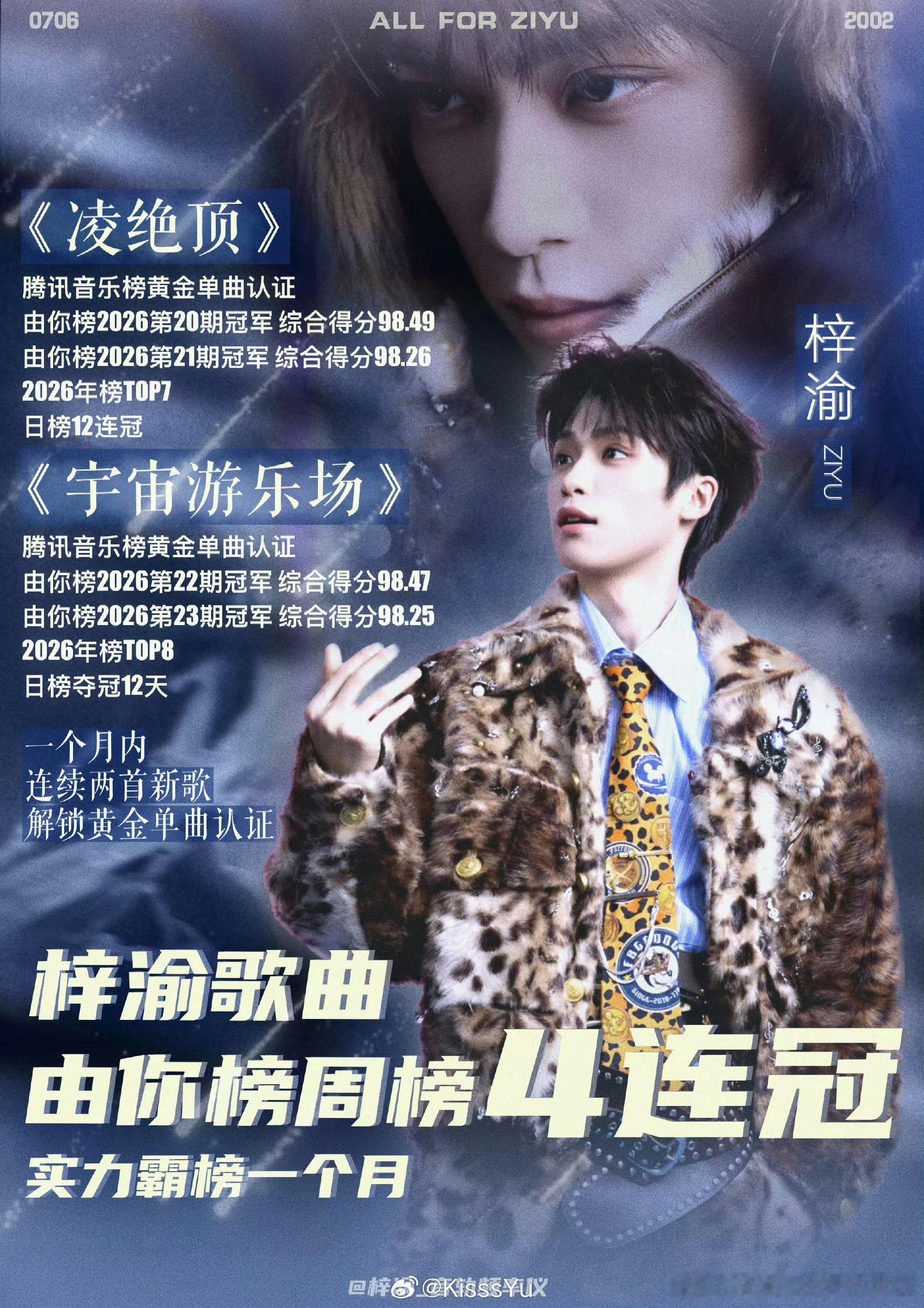 梓渝6 月 16 日，新歌《宇宙游乐场》正式斩获黄金单曲认证，这份亮眼成绩，是粉