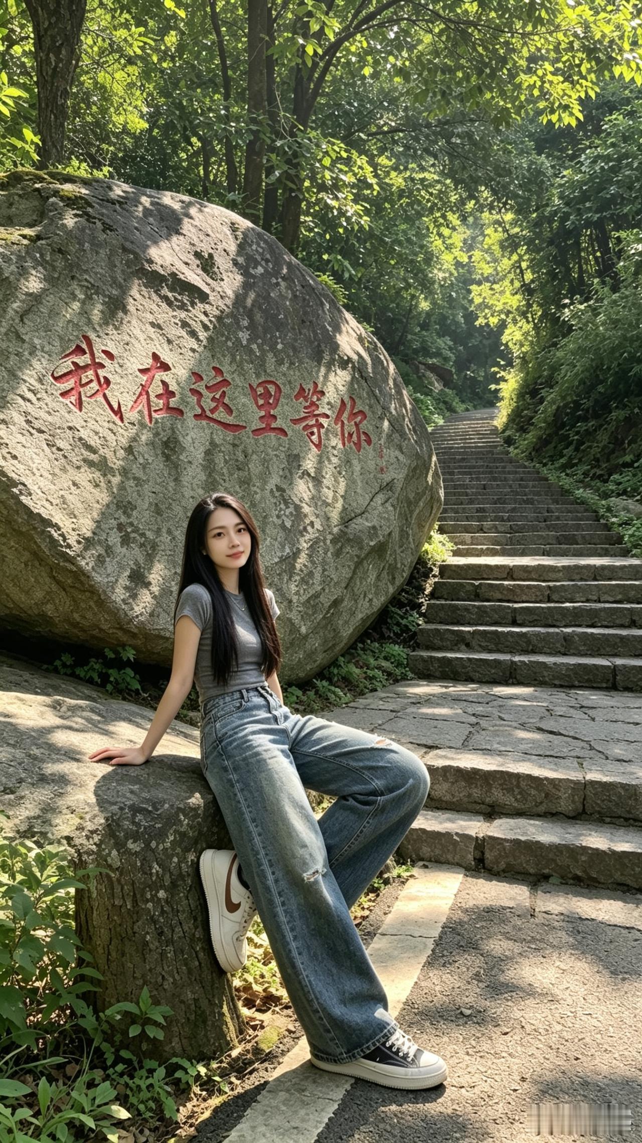 我以一首诗寻觅真心之人
正文：
青山密处景清幽，佳人独坐石埠头。
柔丝垂落眉含秀