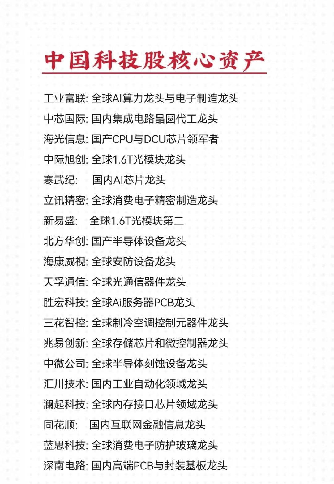 中国科技领域(电子信息类)核心技术龙头企业股票名单