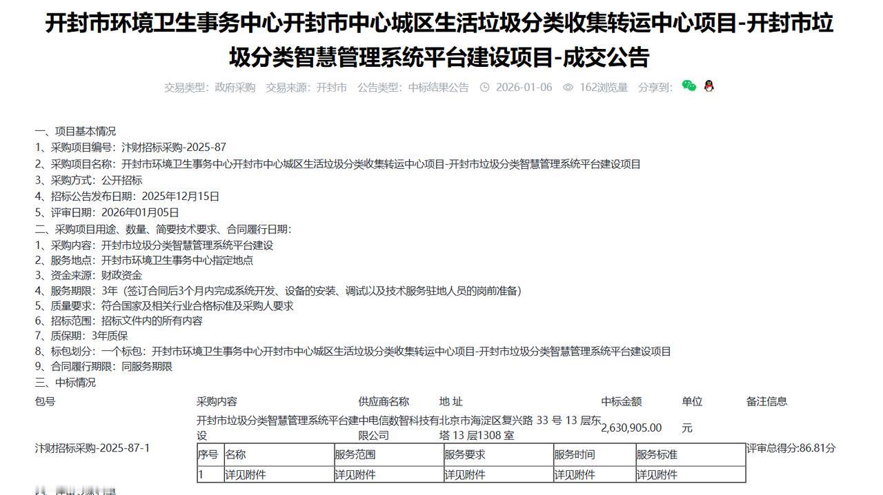 开封市垃圾分类智慧管理系统平台建设项目-成交公告，金额263万元