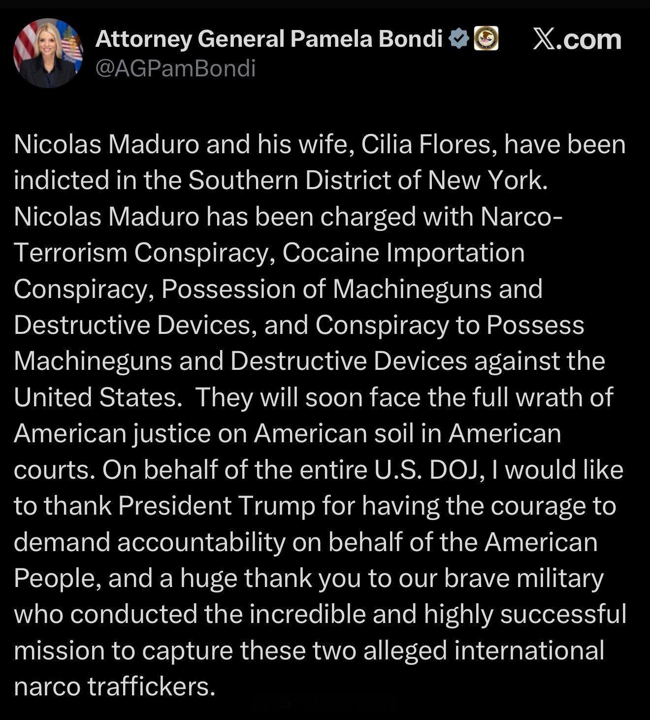 司法部长Bondi：“尼古拉斯·马杜罗及其妻子Cilia Flores已在纽约南