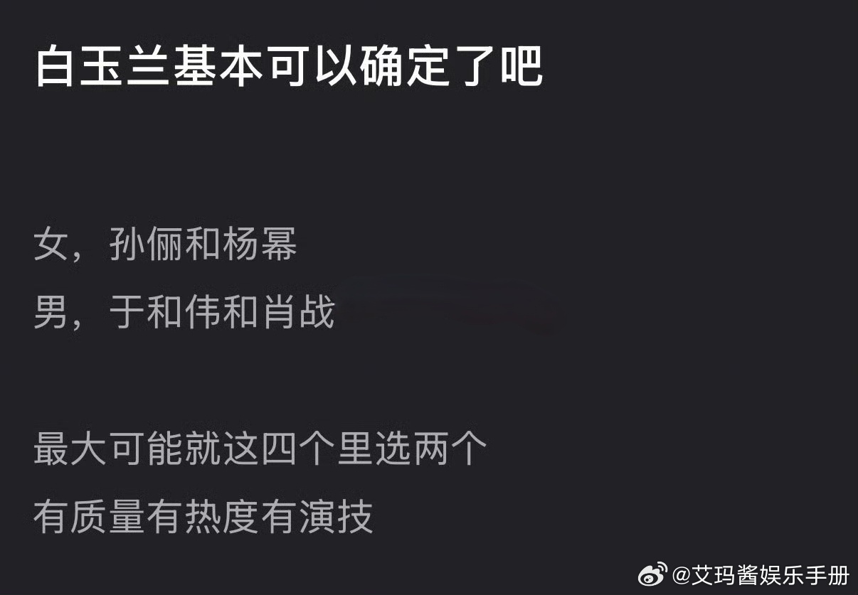 网友白玉兰预测，你认同吗？女：杨幂/孙俪男：肖战/于和伟 