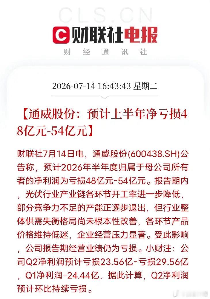 光伏行业洗牌已经开始财联社7月14日消息，通威预告上半年亏损48亿-54亿元，二