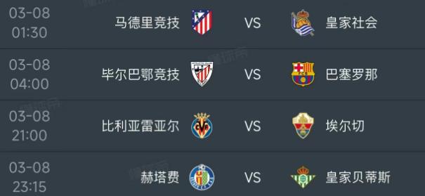 北京时间3月8日，明天的西甲第27轮赛程如下：

第一场01：30，马德里竞技P