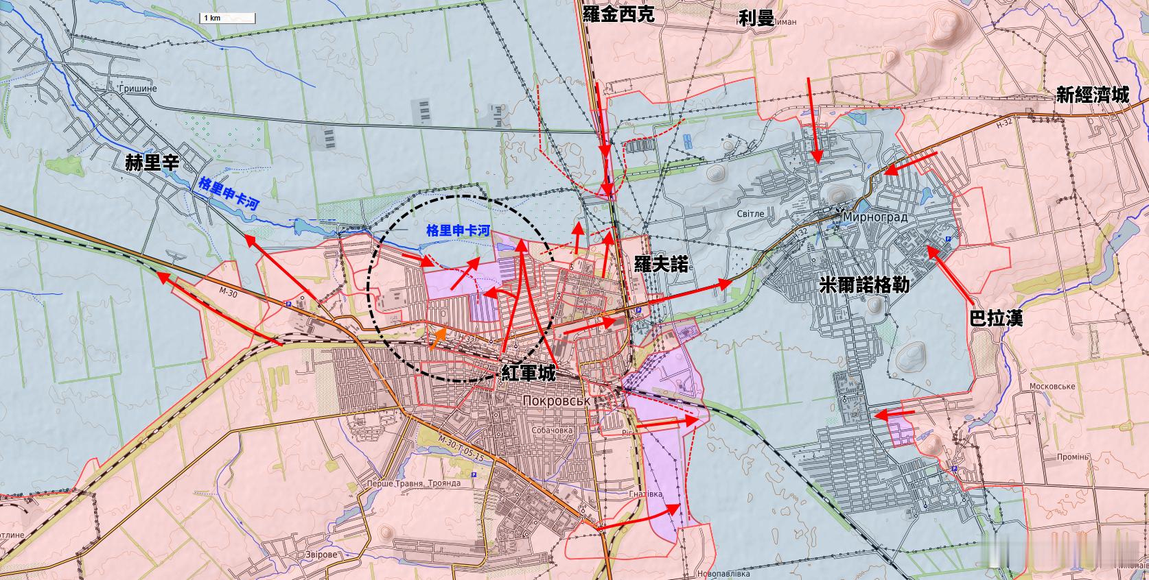 更新紅軍城城區戰鬥態勢目前俄軍已經控制城區，逐漸壓縮米爾諾格勒方向烏軍的空間。由