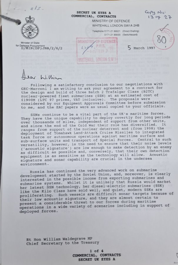7条机敏干了快30年这是英国国防部致财政部的一封信，寻求批准签订第一批3艘机敏级