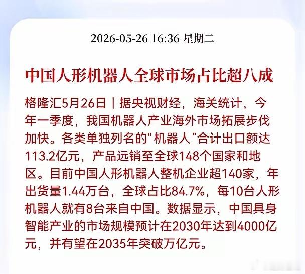 好消息！重大利好消息！人形机器人板块放出重大好消息！中国人形机器人市场份额超八成