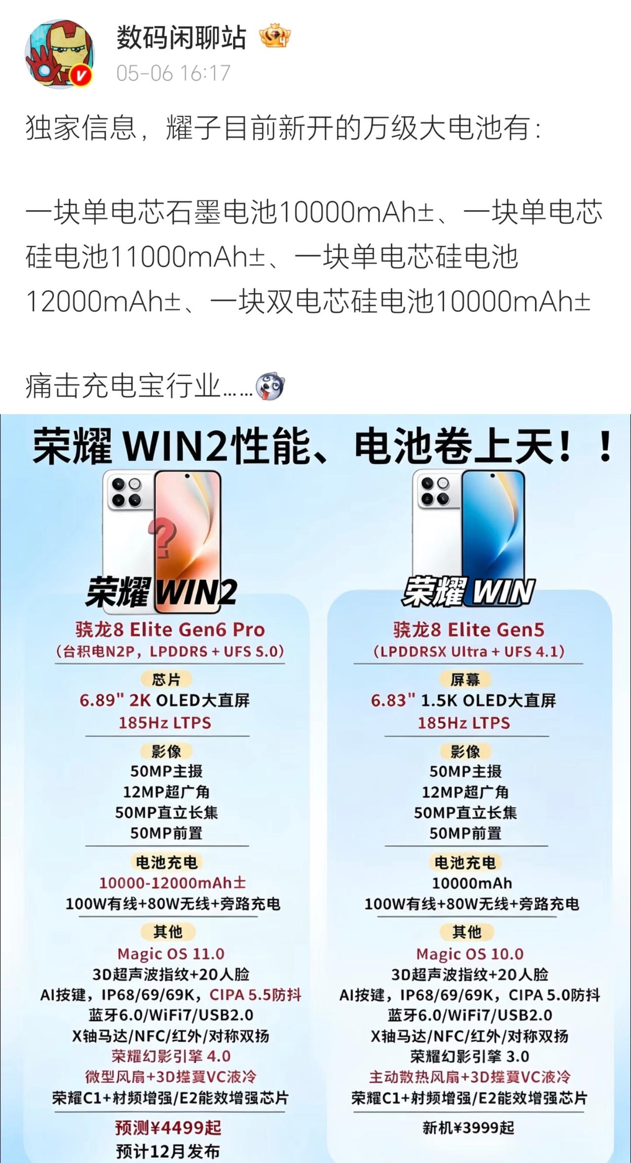 太疯狂了！荣耀彻底掀桌子，开启万级大电池普及时代，充电宝行业迎来时代落幕[捂脸]
