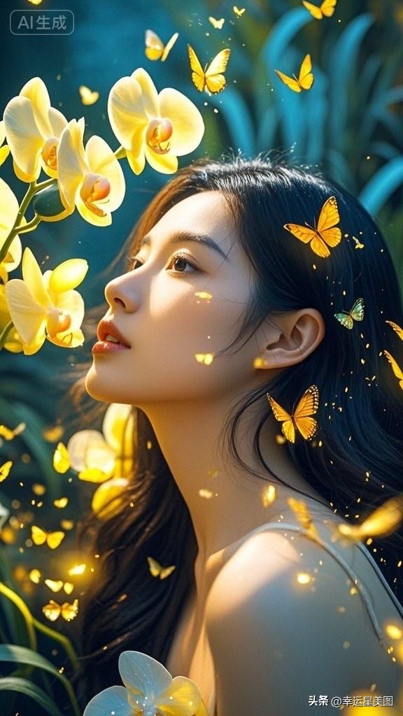 梦幻森林中的少女，与蝴蝶共舞，感受大自然的美好。