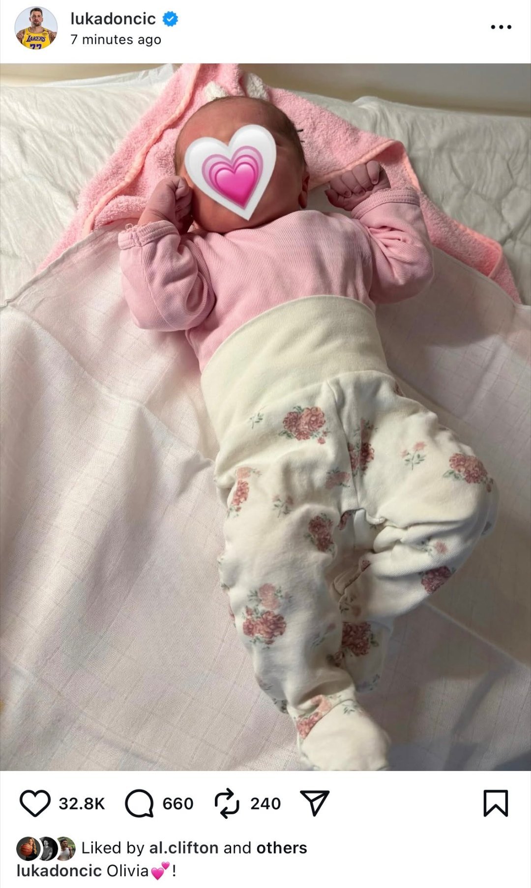 东契奇晒出新出生二女儿的照片：Olivia（奥莉维亚）💕