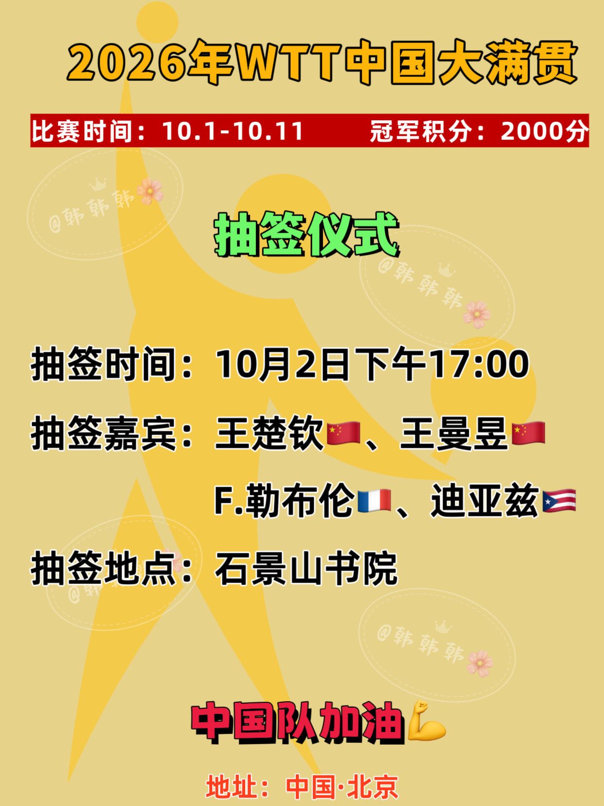 2026年WTT中国大满贯抽签仪式。抽签时间：10月2日下午17:00...