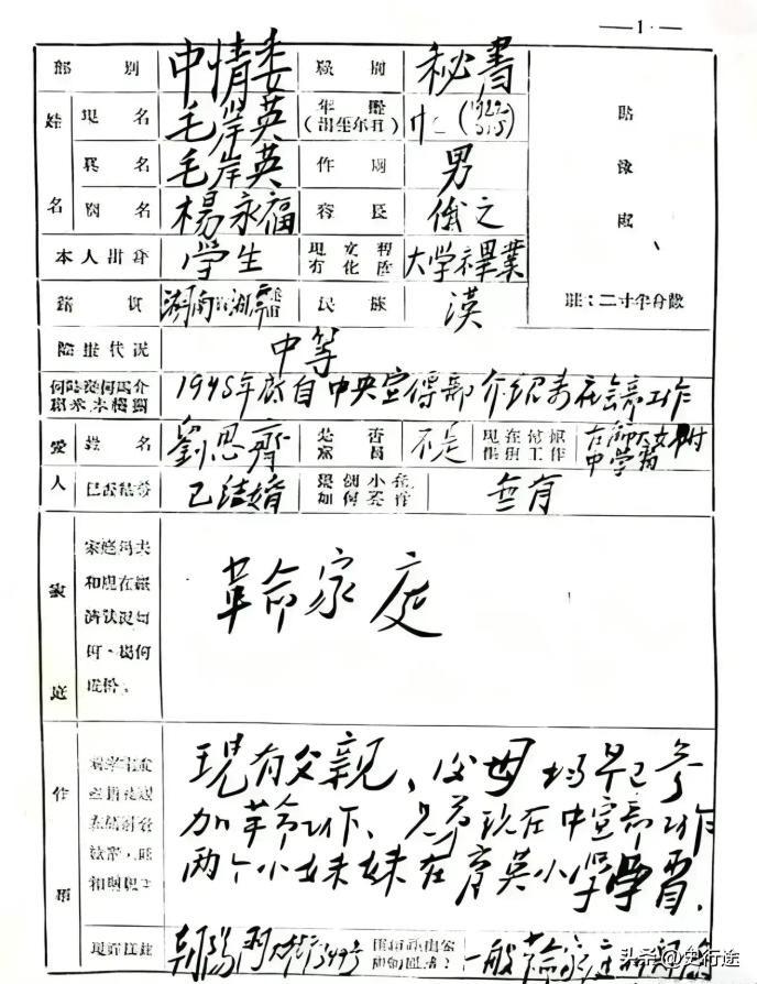 毛主席长子毛岸英罕见手写简历

一九四六年一月，毛岸英从莫斯科回国，途经新疆、西
