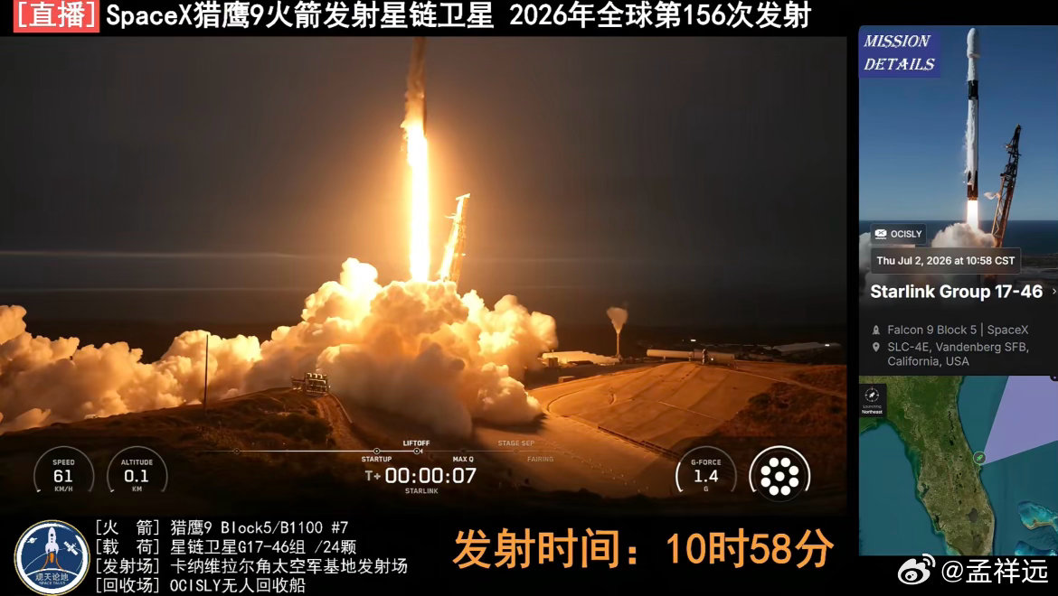 今天上午10时58分，SpaceX 在美国加利福尼亚州执行本月第1次、2026年
