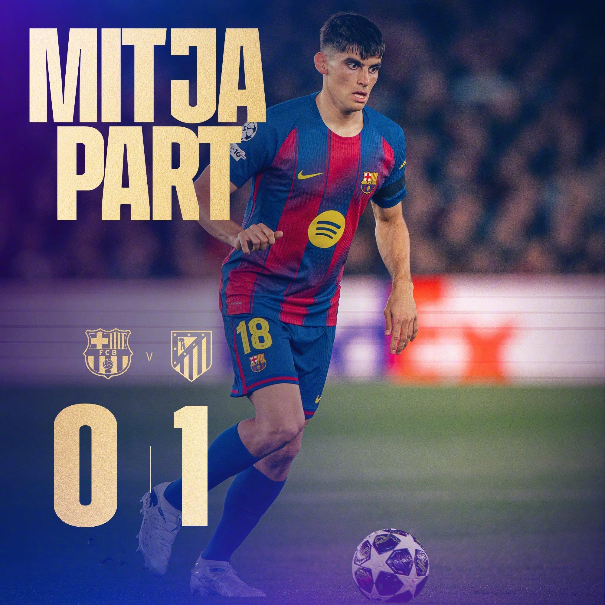 巴萨vs马竞   上半场比赛结束，巴萨主场暂时 0:1 落后马竞。开场后红蓝军团