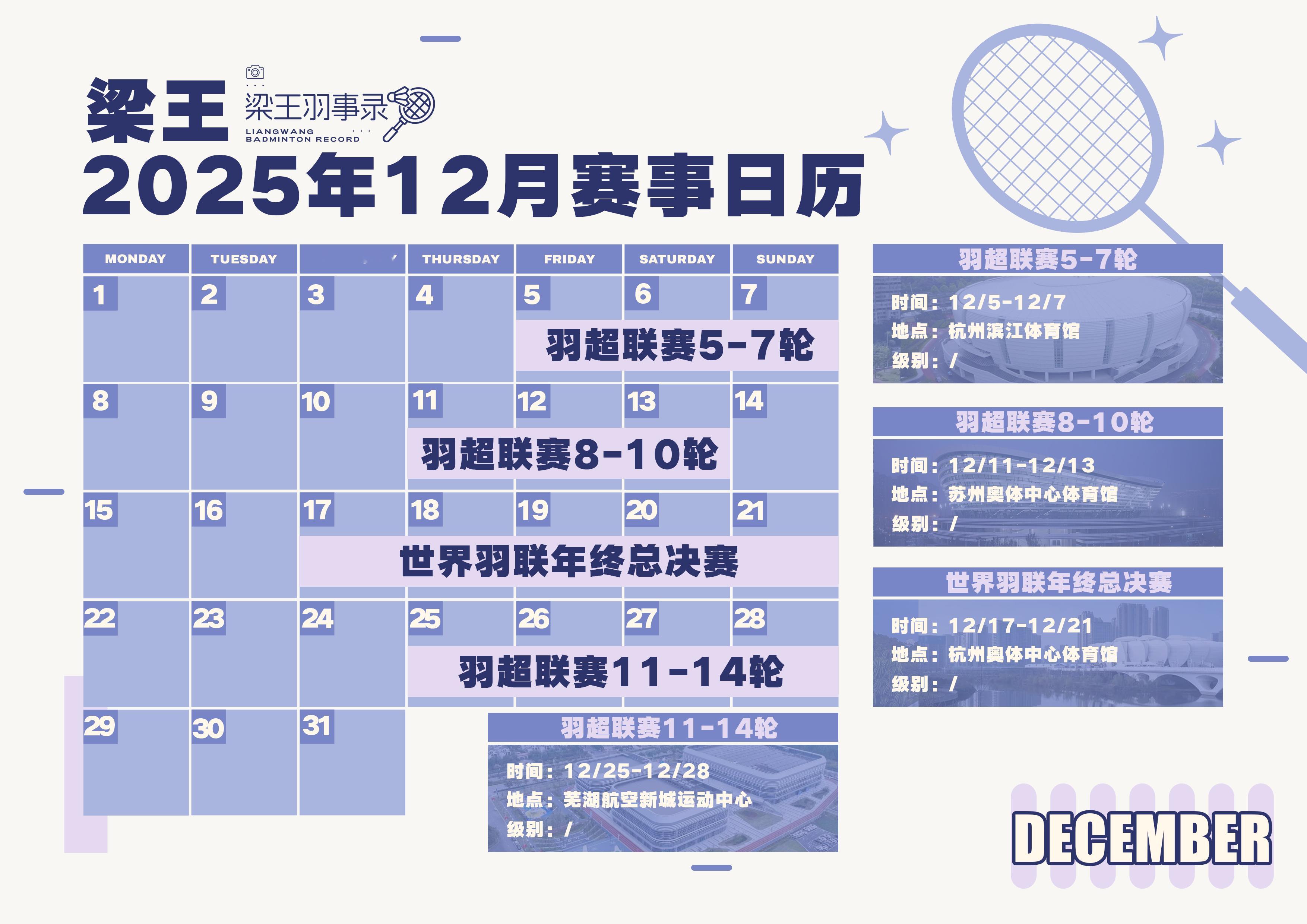 -赛事预告-2025年12月赛事日历羽超联赛5-7轮：12/05-12/07—浙