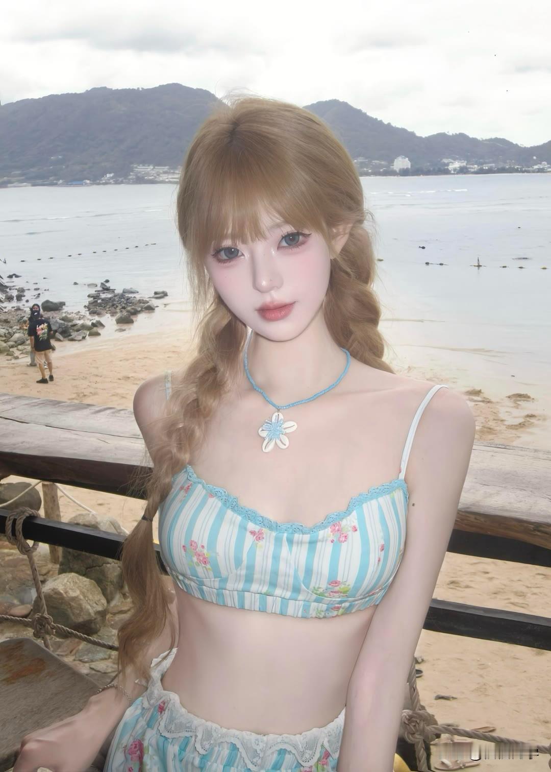 碧海潮生处，美人倚栏杆。轻舟泛处烟霞绕 海上红裙眺望