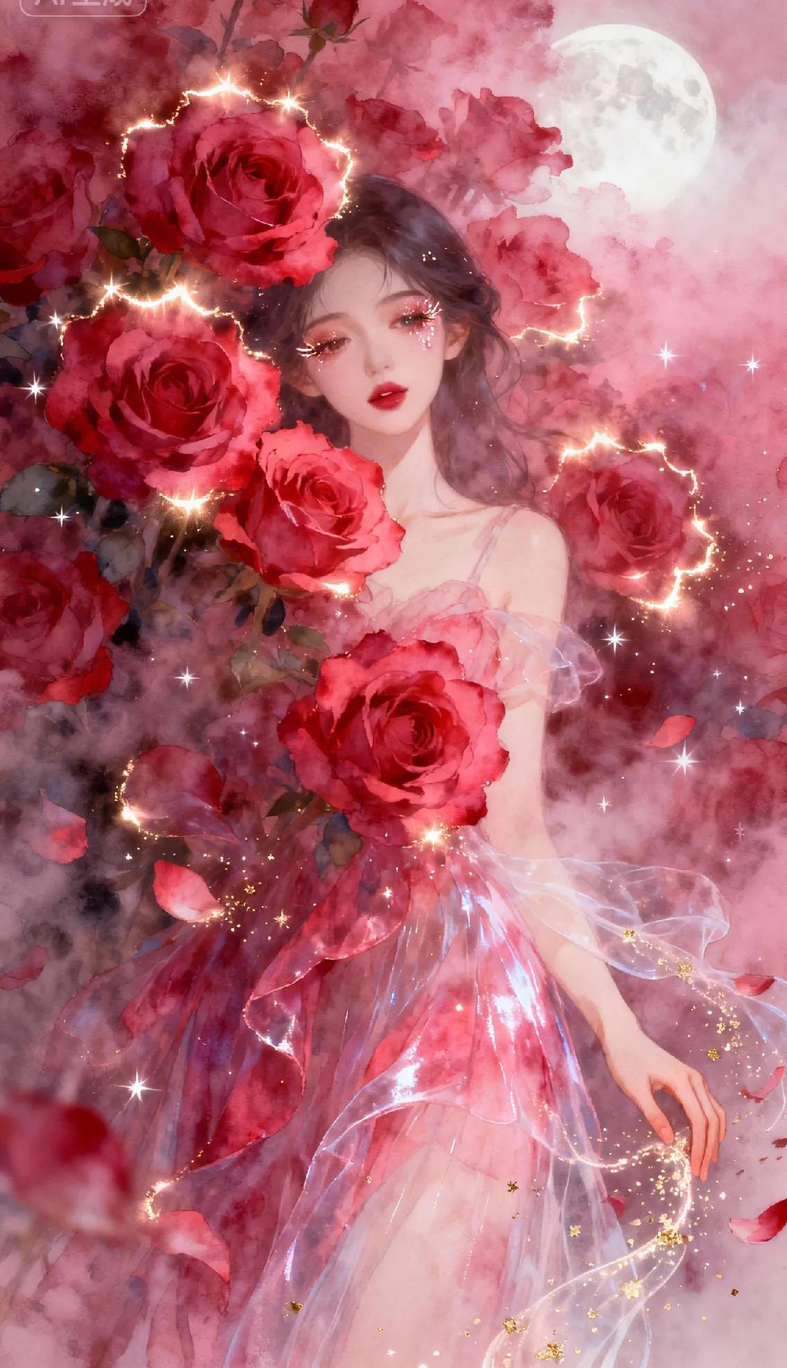 她是揉碎在月光里的绯色梦境——红玫瑰裹着碎金星芒，纱裙似揉皱的烟霞，眼尾落满银河