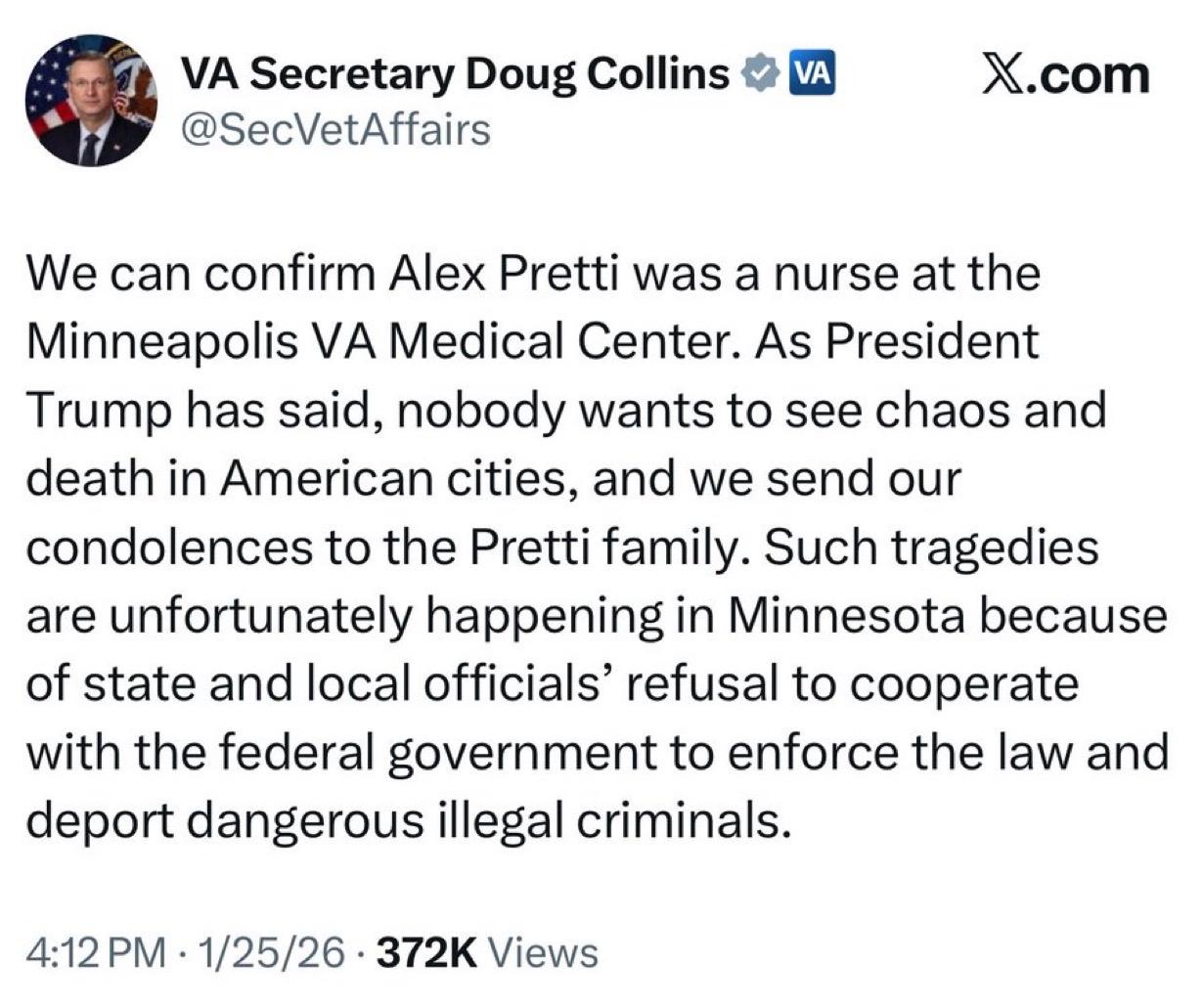 特朗普政府退伍军人事务部长道格.柯林斯将枪杀退伍军人护士亚历克斯·普雷蒂归咎于明