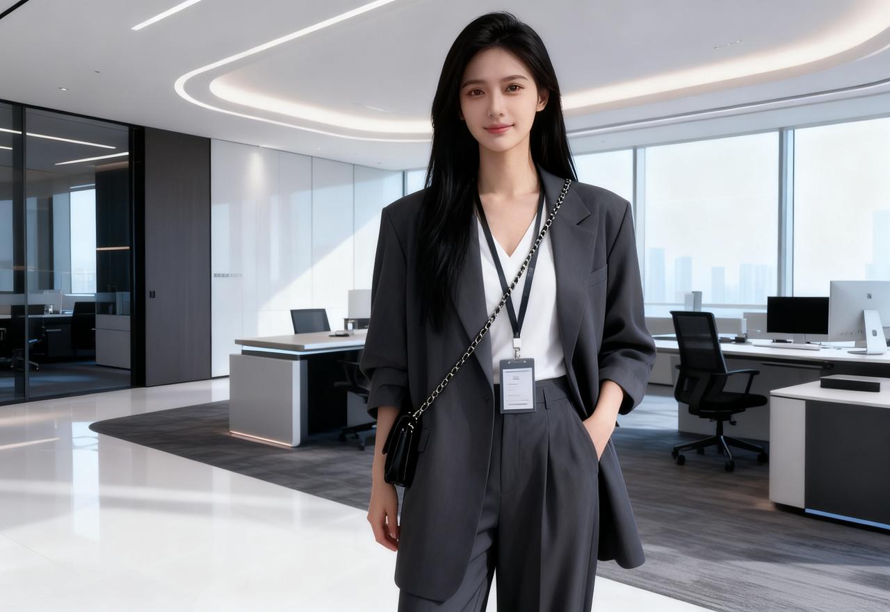 深灰色的宽松西装套装，整体穿搭利落又带着点可爱的反差感，很适合日常通勤。
分享美