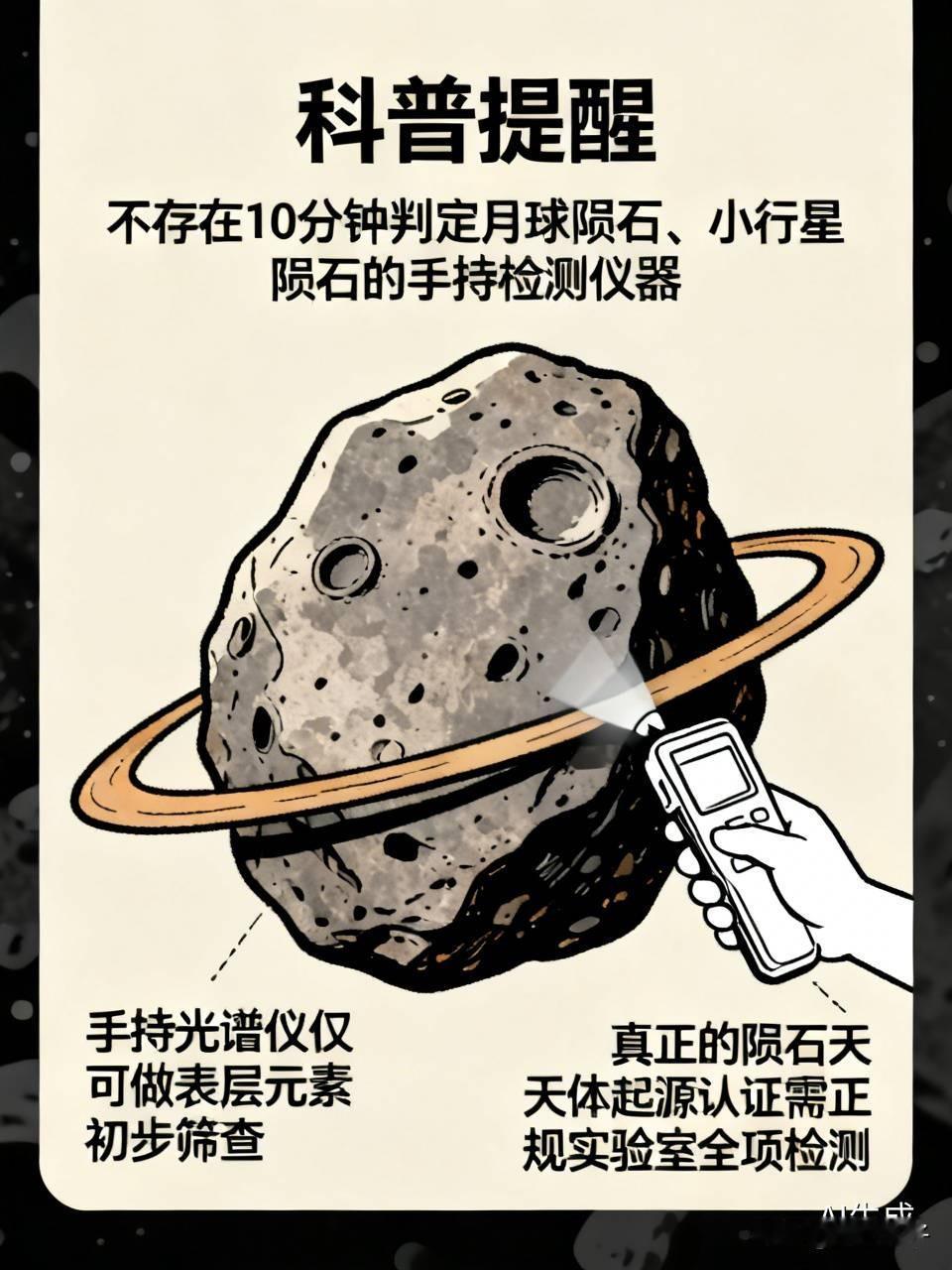 科普提醒：不存在10分钟就能正式判定月球陨石、小行星陨石的手持检测仪器。
手持光