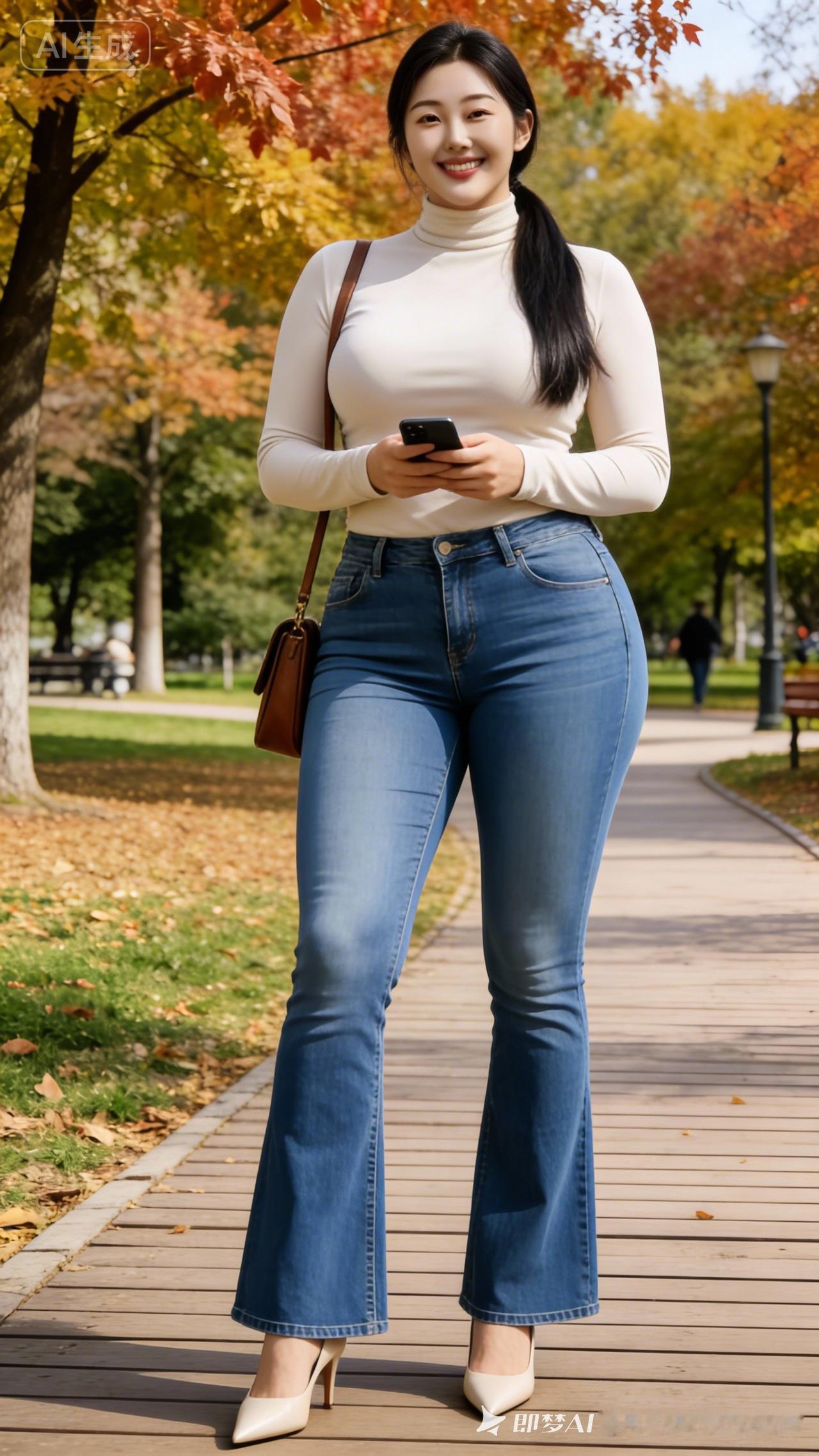 秋日穿搭指南：白色高领衫+蓝色喇叭裤，优雅出街！