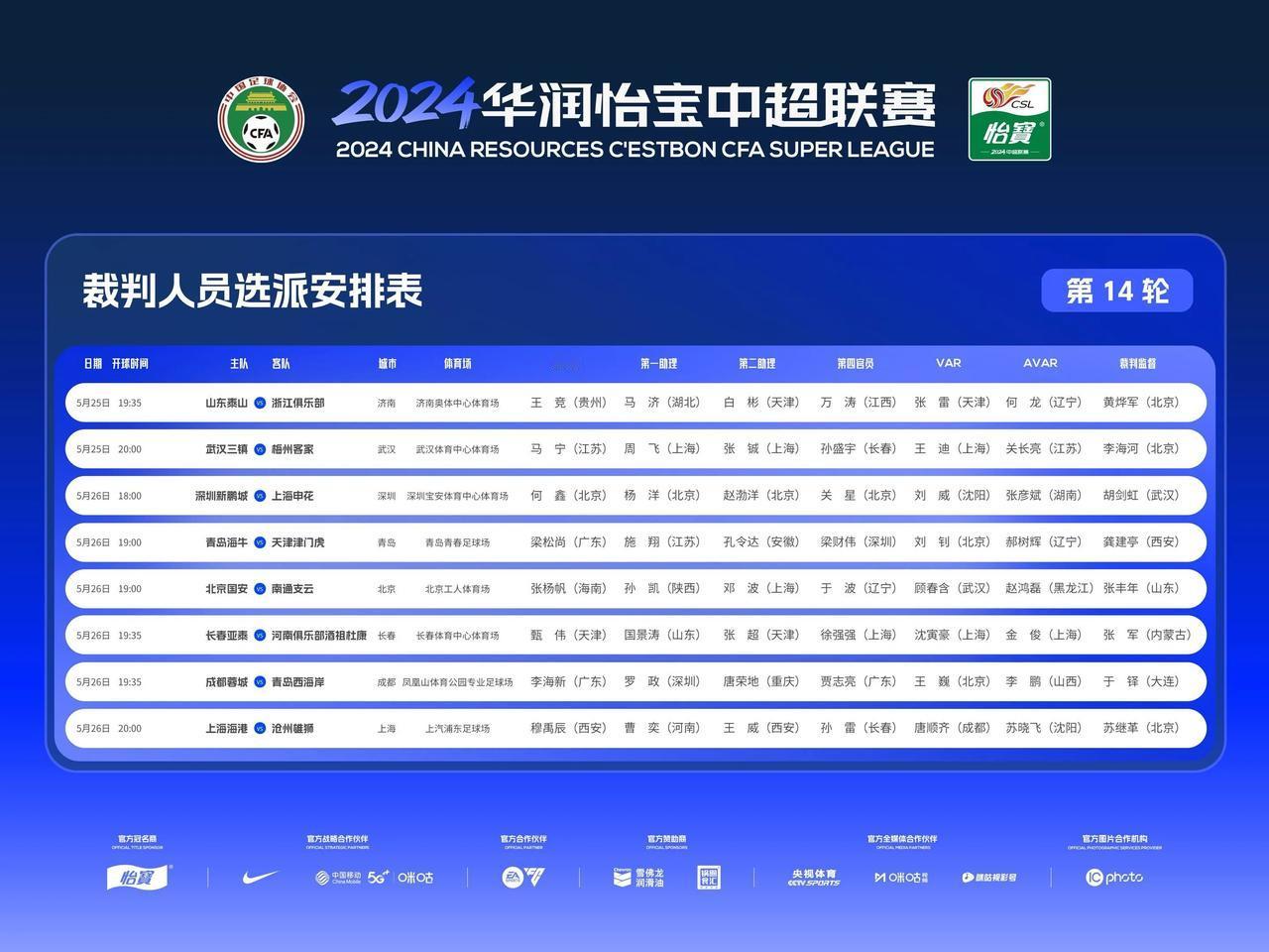 足协官方公布中超14轮裁判安排，山东泰山队公布主场战浙江队海报，

5月25日，