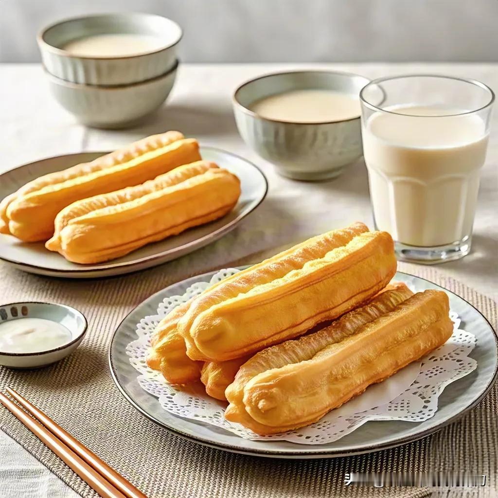 
三件套——炸油条、豆浆、牛奶，是一份充满生活气息的组合。炸得金黄酥脆的油条，散