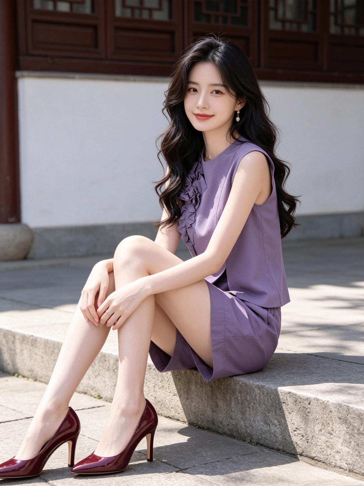 女孩子怎么穿搭既时尚又好看? 
紫衣如诗，红鞋点睛，古韵庭院里，优雅与自信，一步