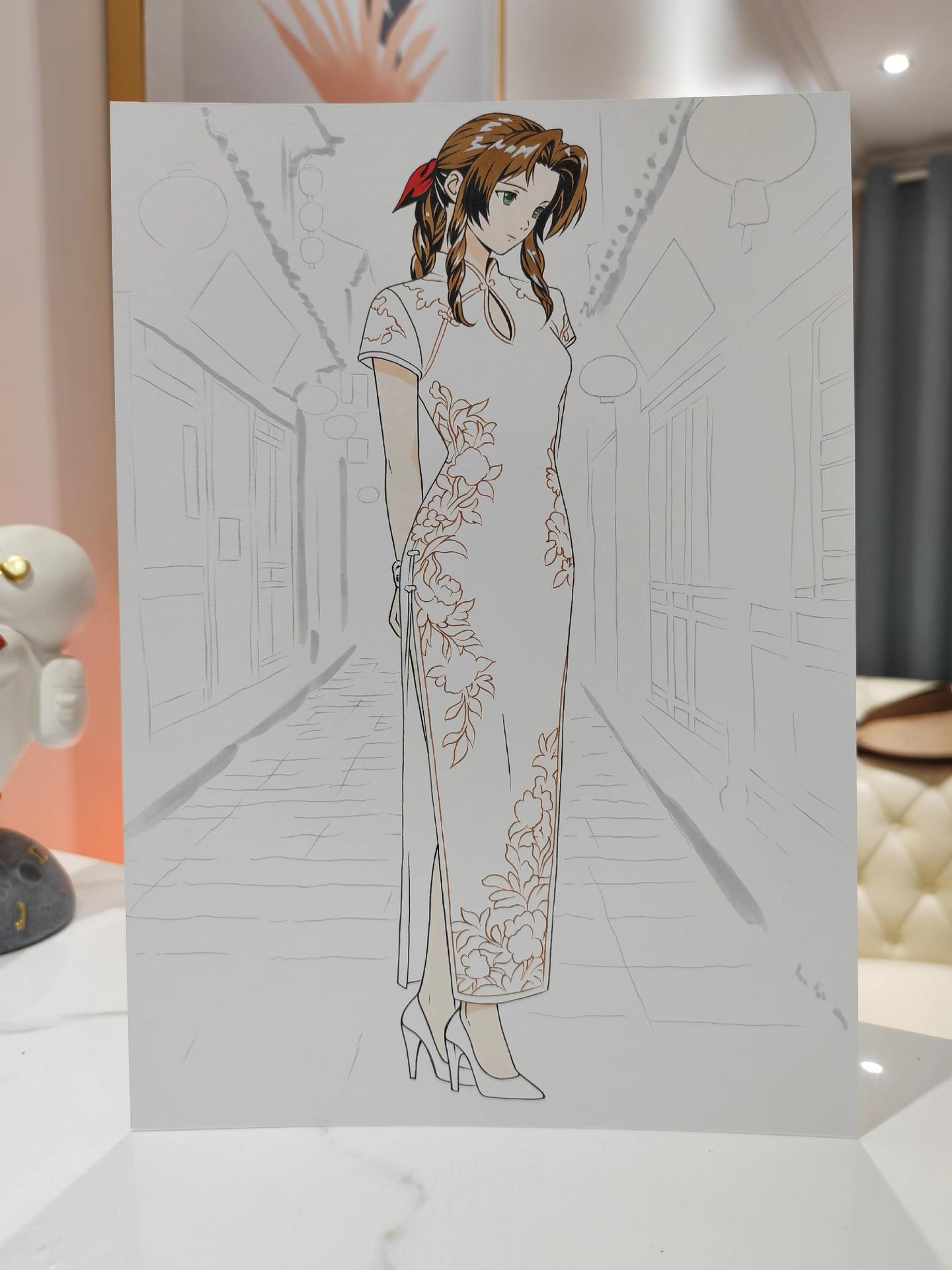 最终幻想爱丽丝 旗袍装 手绘过程图。