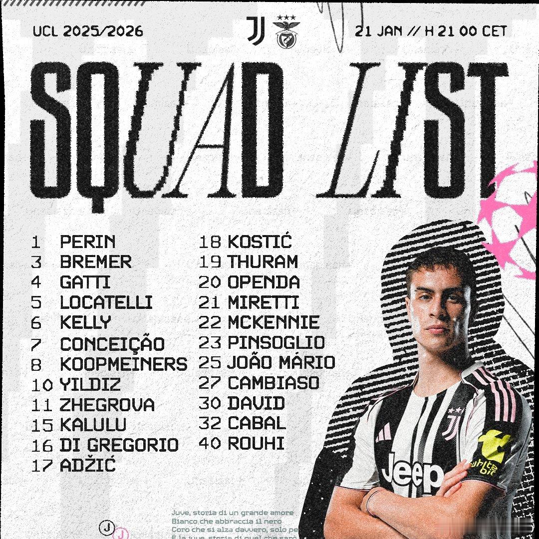 你妇公布了主场和本菲卡的比赛大名单，弗拉霍维奇、鲁加尼和米利克因伤缺阵。尤文图斯