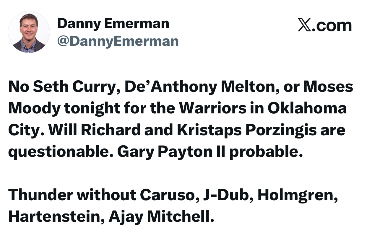 队记更新今日上午九点半，勇士客战雷霆伤病名单：确定缺阵：塞斯库里、梅尔顿、摩西穆