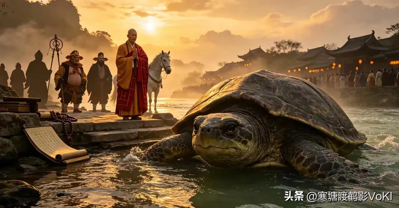 通天河上，万年老龟把唐僧师徒驮过波涛汹涌的通天河。过河之后，老龟让唐僧帮忙问问佛
