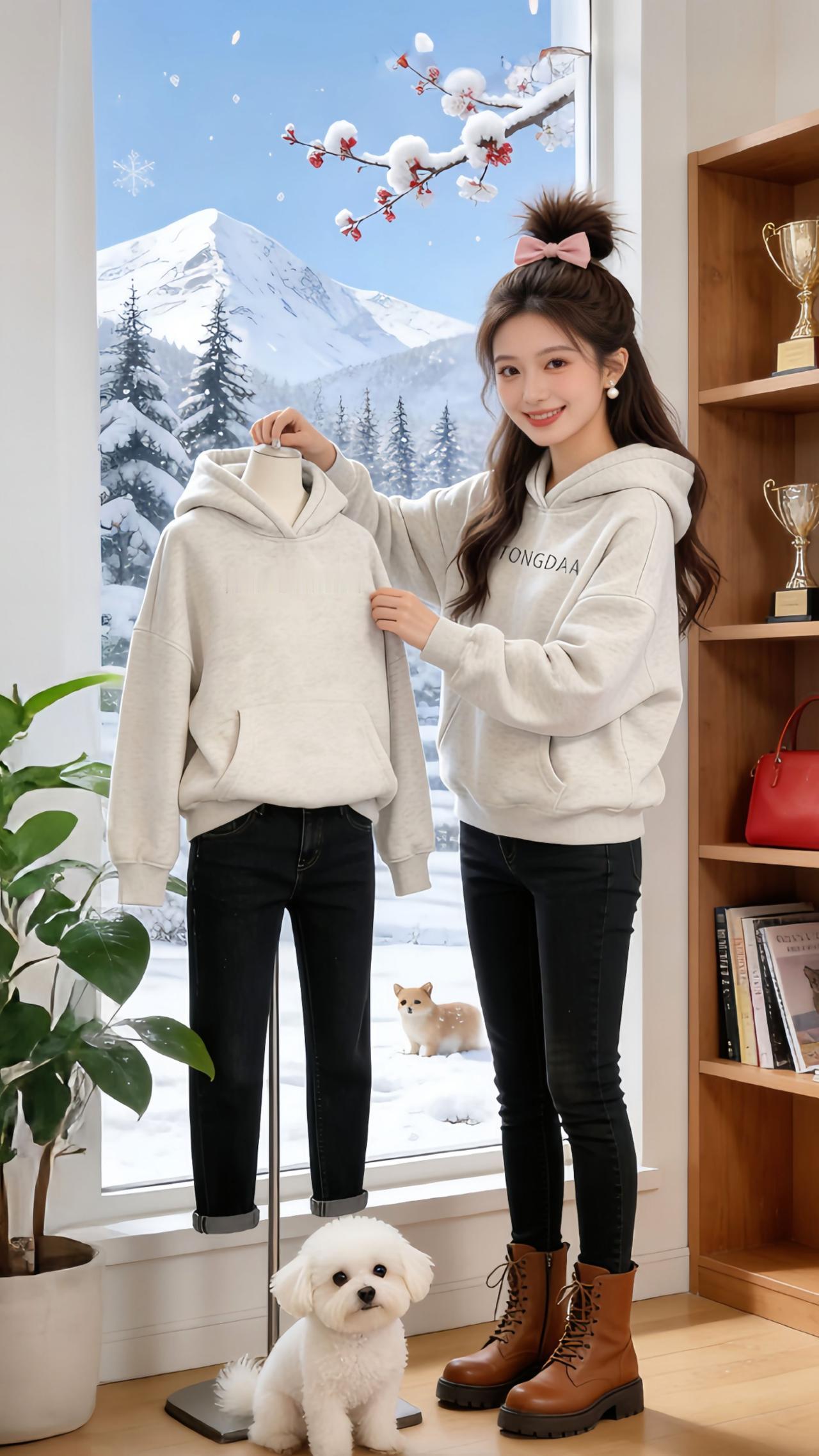 谁冬天能拒绝这件软fufu的白灰连帽卫衣啊！宽松版型搭半扎丸子头巨显脸小，配黑裤