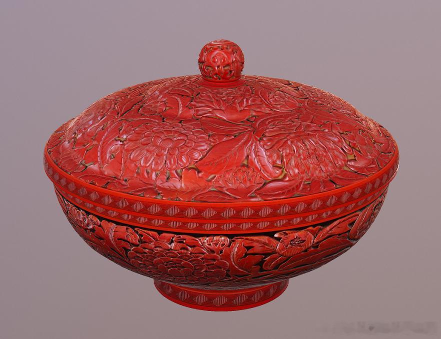 【明永乐剔红花卉纹盖碗】是故宫馆藏国宝级雕漆珍品，器身配半球形器盖与灵芝纹宝珠钮