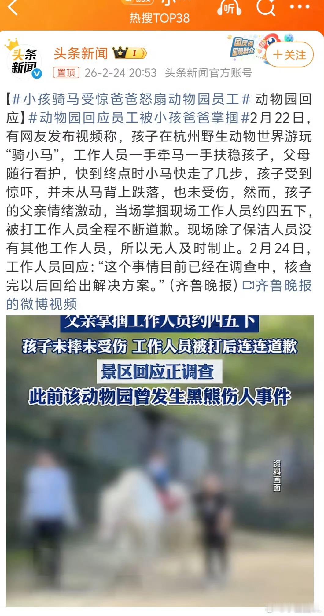 殴打他人，治安拘留，赔钱可以不追究，一巴掌一万。小孩骑马受惊爸爸怒扇动物园员工