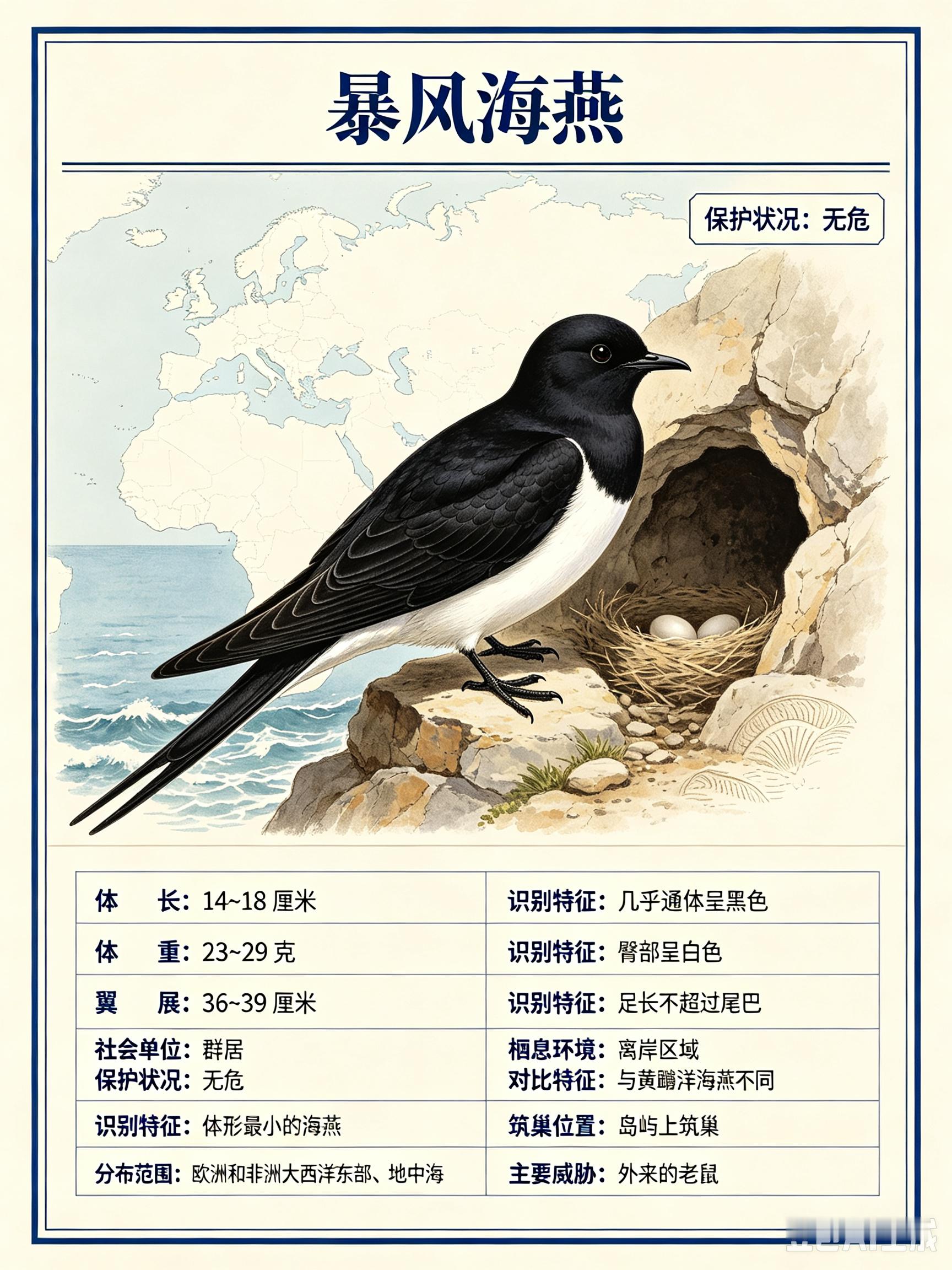 鸟类朋友图鉴 暴风海燕体长：14~18 厘米体重：23~29 克翼展：36~39