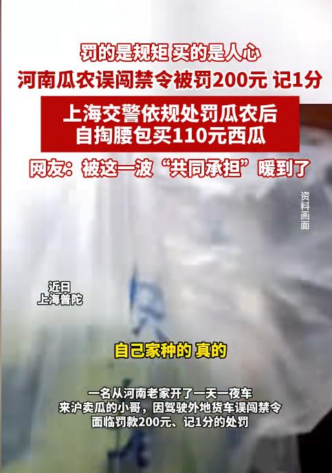 河南瓜农开了一天一夜货车到上海普陀卖瓜，却因不熟悉限行规定误闯禁行区。交警依法罚