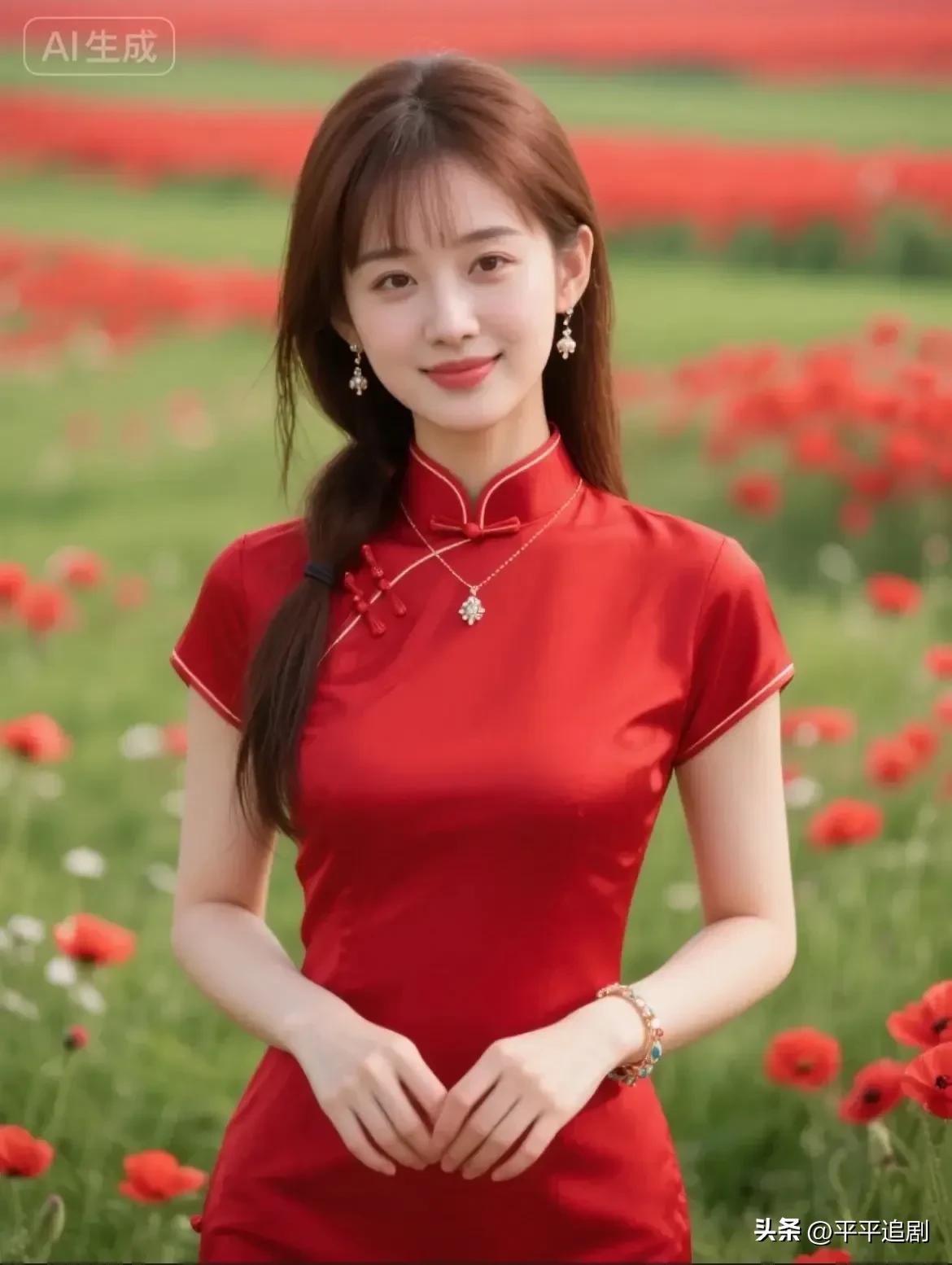 红裙映花海，盘扣缀温婉，把东方韵致揉进烂漫春光里。