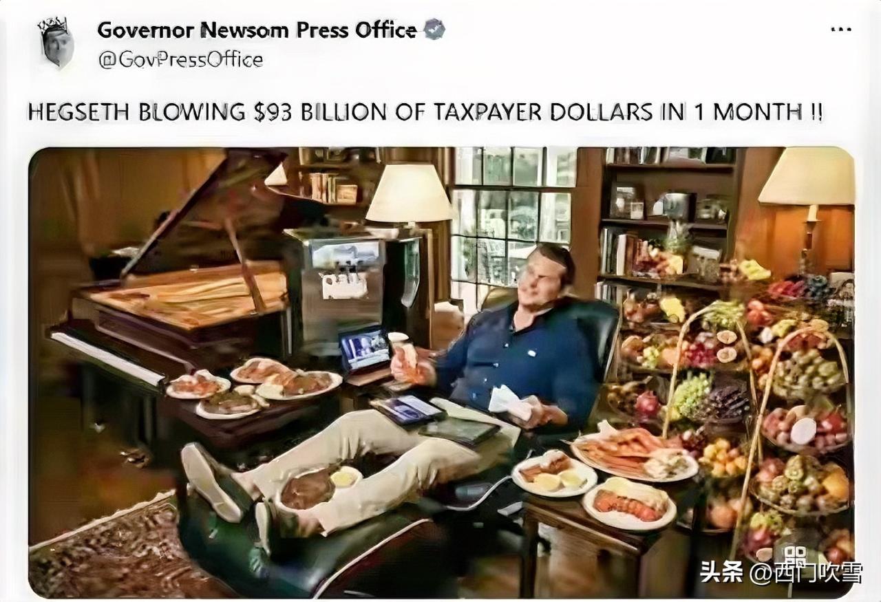 这是一张由加州州长纽森办公室发布的AI生成讽刺图文，用于批评美国国防部的预算挥霍