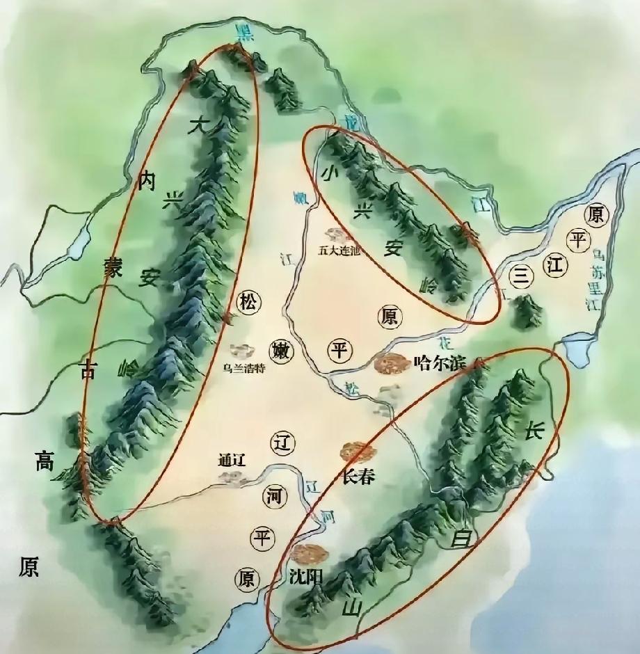 东北的地形图挺有意思，那么大的地方被大兴安岭，小兴安岭，长白山三座山脉包围着，这