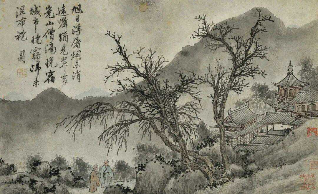 沈周《隐逸山水四帧》，设色纸本　册页镜框四幅每幅29.5 x 47.5 cm。新